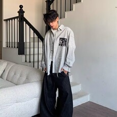日系文艺复古时尚长袖双层棉纱衬衫2025秋季拼色领刺绣衬衣上衣，男装衬衫，星座516A