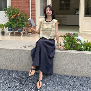 韩版慵懒风无袖条纹T恤套装女2025夏季新款显瘦高腰半身裙两件套图片
