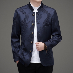 主推新款高品质中山装西服外套男士中年风新中式唐装西服上衣,杏色针织半身长裙搭配什么上衣图片