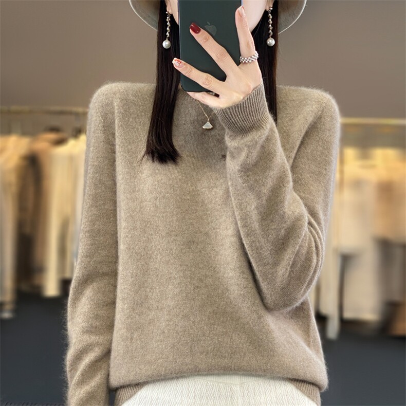 奢华质感澳洲羊毛衫女圆领一线成衣套头打底毛衣针织衫外搭,女装羊毛衫,鲁菏羊绒