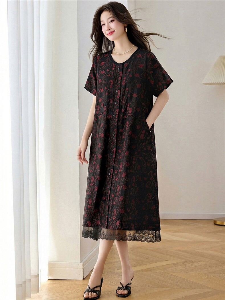 【夏季女装新款】2026夏季大量现货时尚宽松大版提花连衣裙,女装连衣裙,缘衣格