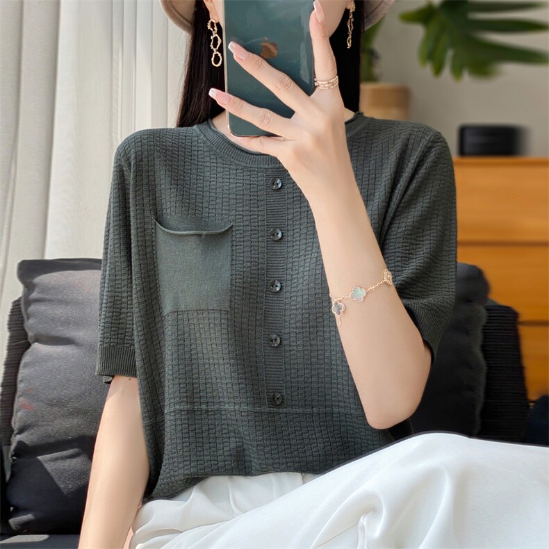 高级感冰丝针织短袖T恤女2025夏装新款带兜薄款上衣时尚百搭小衫,女装T恤,大美人包芯纱店
