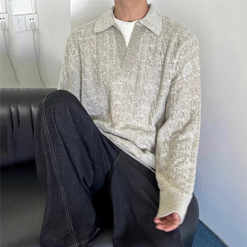 2524-P60美拉德色系慵懒风假两件毛衣老钱风双层领翻领,男装针织衫/毛衣,电商B323A