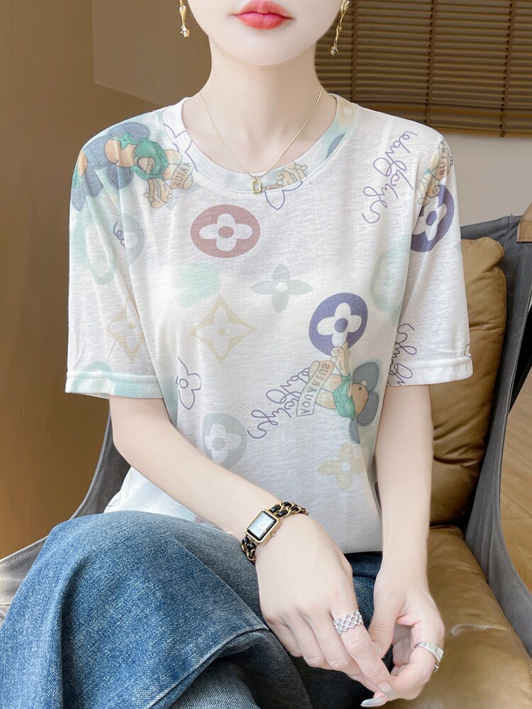 短袖t恤女夏季简约圆领宽松简约百搭花色打底女上衣,针织衫/毛衣,绒宛羊绒