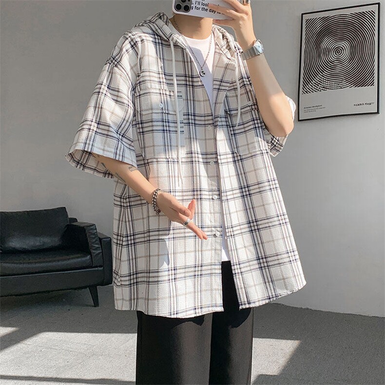 现货T10118-特批42控78活力格子衬衫男女宽松T恤短袖连帽开衫,男装T恤,电商A059