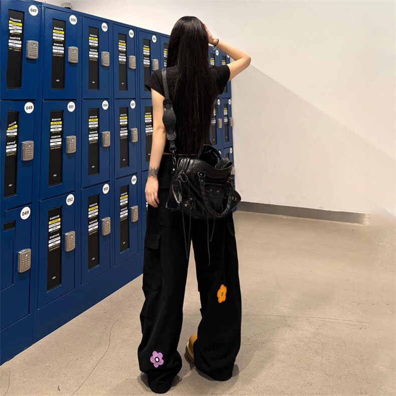Y9279-P692025潮牌复古多口袋直筒工装裤男女美式宽松花刺绣伞,男装工装外套,电商B323A
