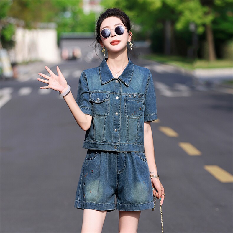时尚牛仔阔腿短裤套装女夏2025新款洋气减龄复古牛仔小个子两件套,女装套装/套裙,意芙