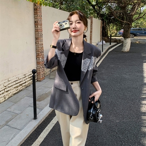 灰色休闲西装套装裙女小个子蕾丝拼接2025春季新款韩系减龄百褶裙图片