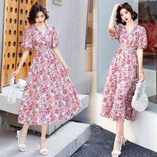 V领短袖时尚收腰气质百搭韩版2021夏季连衣裙，女装连衣裙，超帛