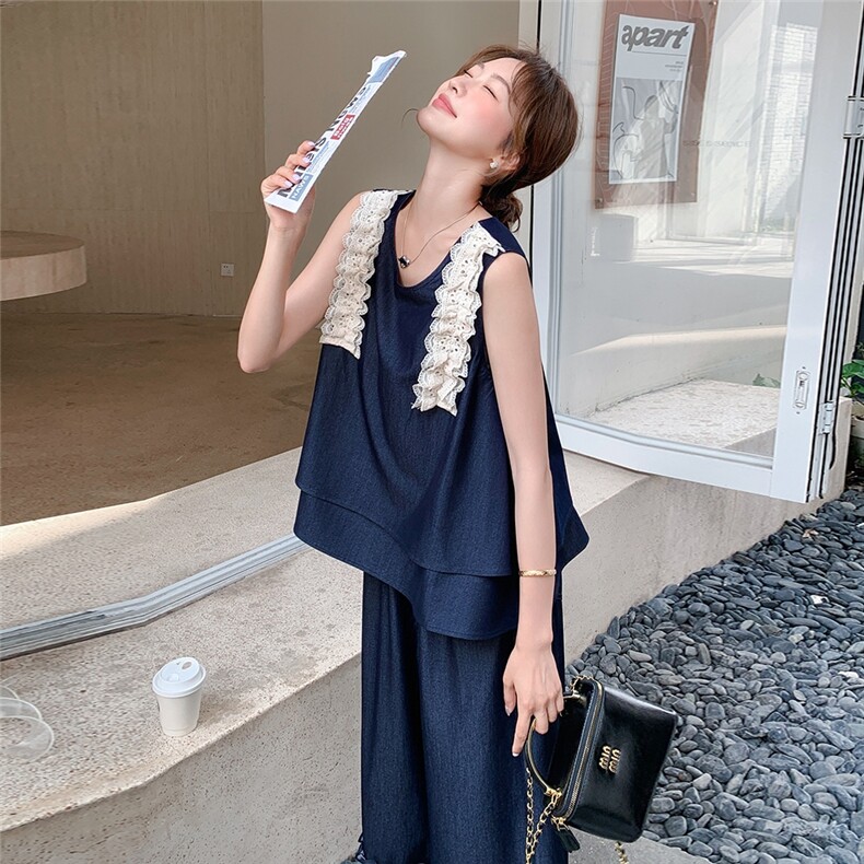 蕾丝拼接牛仔套装女2025夏季新款设计感无袖背心休闲阔腿裤两件套,女装套装/套裙,浙宝208