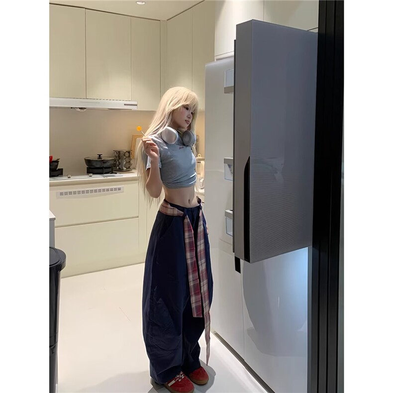 特大码高街甜辣风直筒牛仔裤女胖mm蝴蝶结绑带设计感裤子阔腿长裤,女装休闲裤,星座1210-1