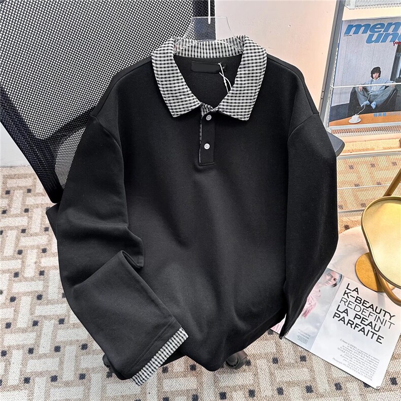 春季美式假两件格子拼翻领休闲卫衣POLO领卫衣潮6617P42，男装Polo衫，星座410-2