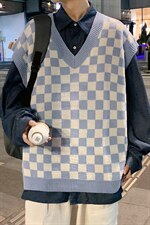 ！2023秋冬新款男士格子毛衣背心简约潮流无袖针织衫MX02P60,男装背心/马甲,电商B220