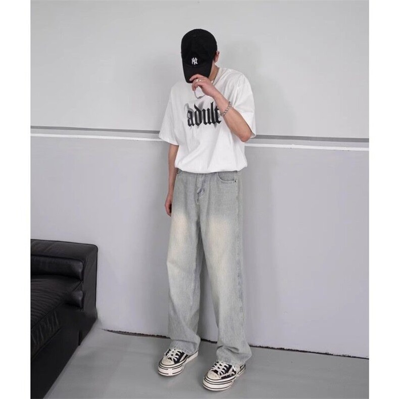 复古高街薄款牛仔裤男款宽松阔腿做旧水洗长裤子潮流穿搭NZG604,男装牛仔裤,星座516A