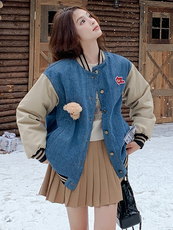 雪景牛仔加棉棒球服外套（玩偶可拆卸）显瘦百搭时尚，女装棉衣/棉服，天使之佳话