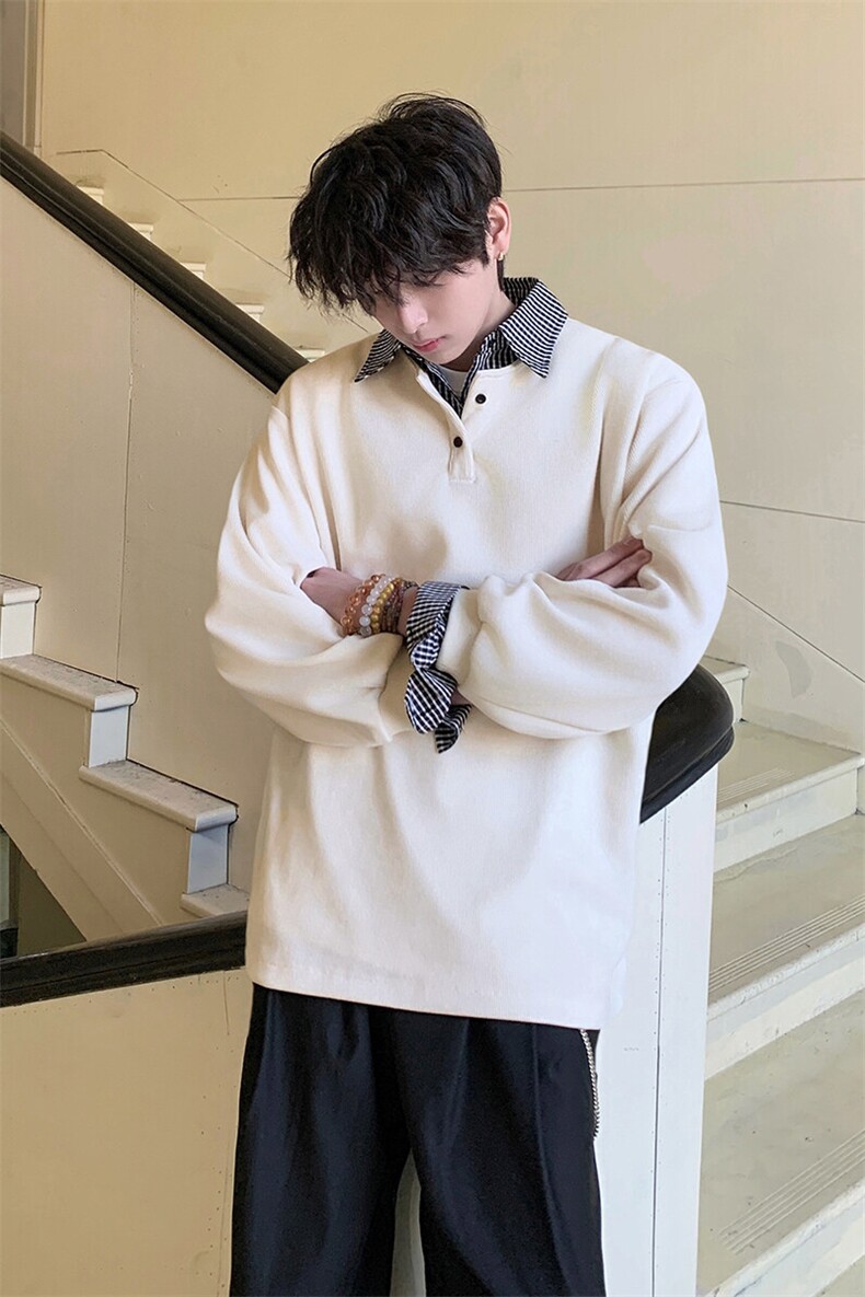 假两件拼接衬衫领卫衣男春季款复古格子上衣学院风潮流百搭套头衫,男装卫衣,电商A102B