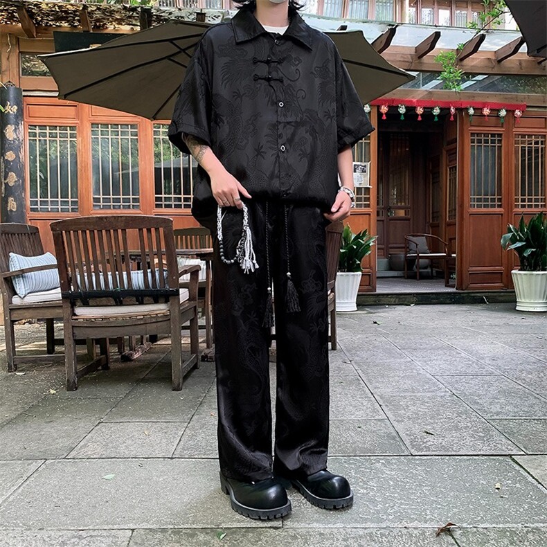 新中式风冰丝衬衫男夏季设计感风上衣短袖衬衣9分裤子~CS136,男装衬衫,星座601-2