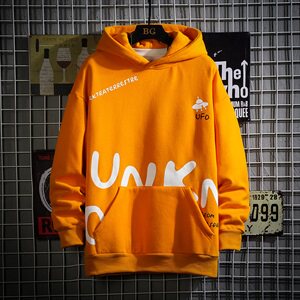 网格日系印花黄色连帽卫衣男秋季加绒套头衫A090-WY50P65限88图片