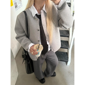 格雷系短宽boxy针织开衫秋冬重磅加厚男女毛衣外套TK78图片