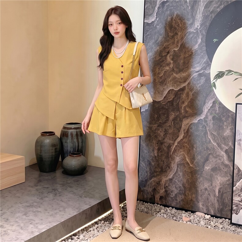时尚气质减龄套装女夏季新款不规则无袖马甲上衣阔腿短裤两件套潮,女装套装/套裙,江南