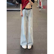 高个子浅黄泥色微喇牛仔裤男高腰显瘦直筒裤子美式高街修身弯刀裤，男装牛仔裤，星座617A-1（原B318A）