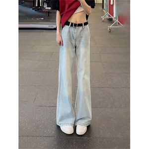 高个子浅黄泥色微喇牛仔裤男高腰显瘦直筒裤子美式高街修身弯刀裤图片