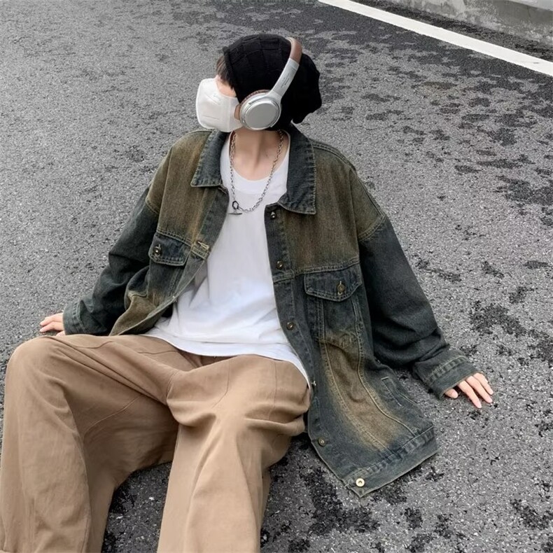 F171P65春季新款纹理徽章翻领夹克男高街潮牌宽松牛仔夹克,男装夹克,星座512-6