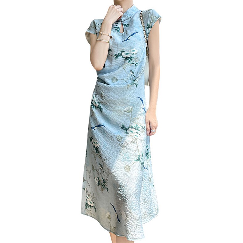 新中式国风改良旗袍裙女夏季新款复古设计感小众褶皱印花连衣裙子,女装连衣裙,圣丽羊绒