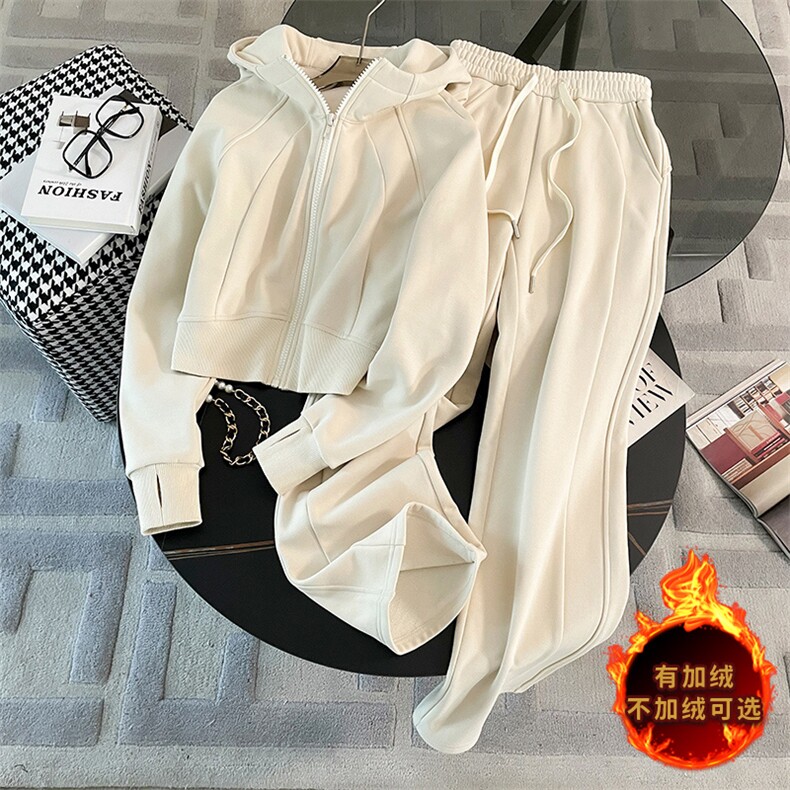 时尚加绒保暖纯色外套+阔腿裤套装显瘦百搭休闲两件套，女装套装/套裙，江南