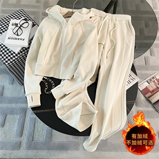 时尚加绒保暖纯色外套+阔腿裤套装显瘦百搭休闲两件套，女装套装/套裙，江南