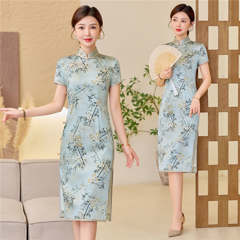 杭州品质真丝中长裙考试专用节节高女春夏日常修身潮流真丝旗袍,女装汉服/婚纱/旗袍/礼服,小荷流