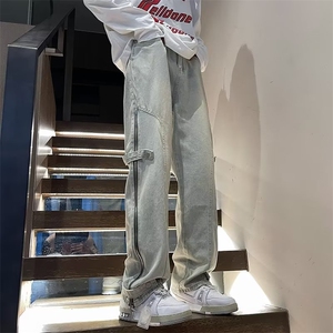 美式高街搭扣拉链牛仔裤水洗痞帅开叉裤N8033-P63图片