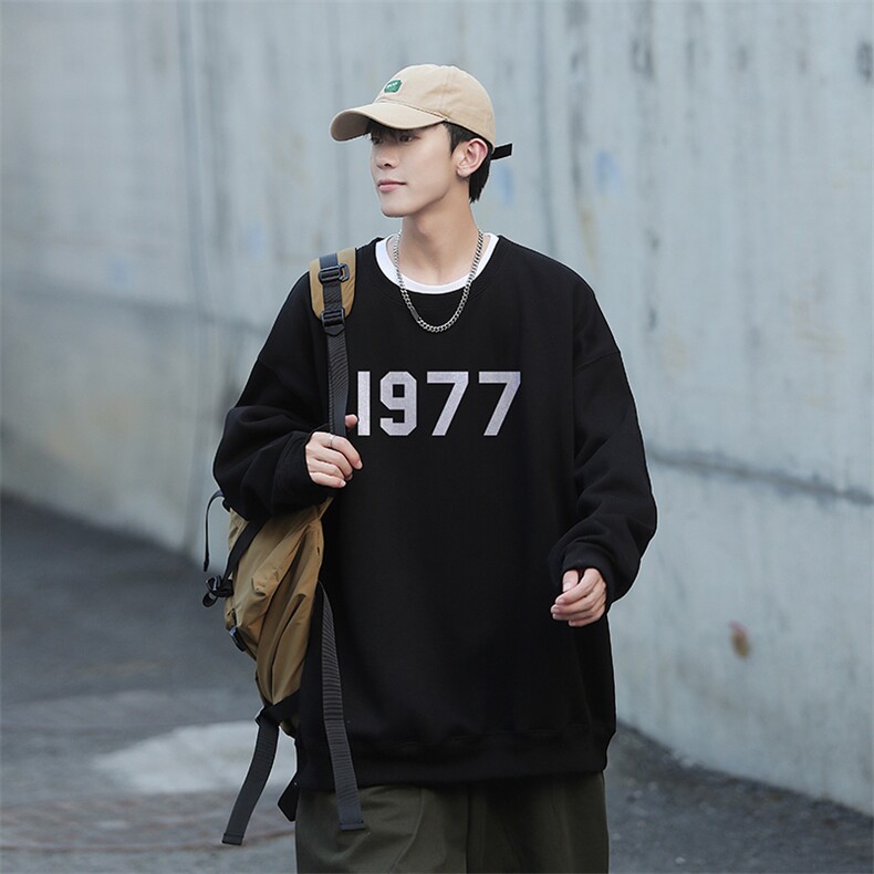 2024新款1977印花宽松圆领卫衣Y127常规版P38加绒版P58咖色,男装卫衣,电商B219