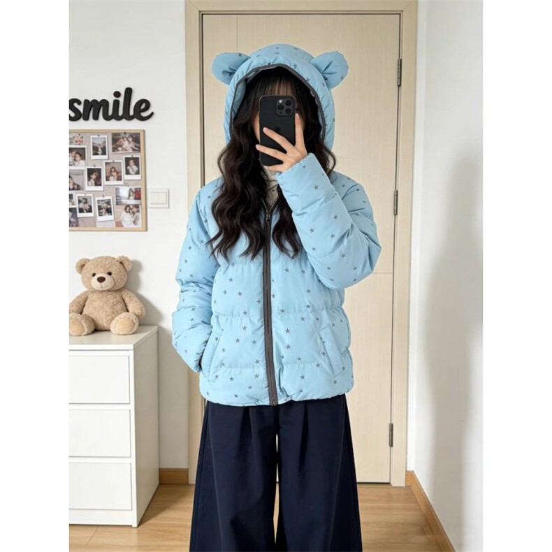 1506A/G79170/P92甜酷风小熊连帽波点棉服外套女冬季图片