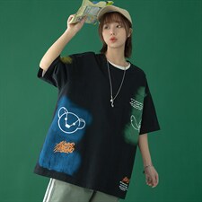 2023夏季新款蓝底中性风宽松圆领潮流卡通印花半袖T恤T28-P28,男装T恤,星座914-3