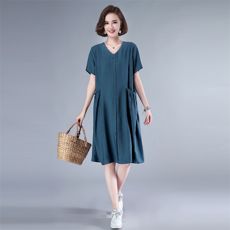 2021夏季新款大码女装连衣裙宽松显瘦V领短袖长裙时尚百搭气质淑女裙，女装连衣裙，秋牧寒烟