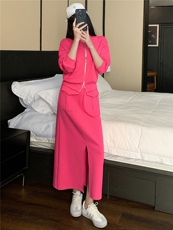 港风时尚休闲套装裙女秋季新款玫红色开衫卫衣开叉半身裙两件套潮，女装套装/套裙，江南