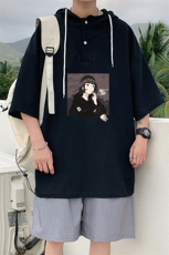 LD54122-P45连帽短袖t恤男大码胖子带帽五分袖中袖，男装T恤，电商A040