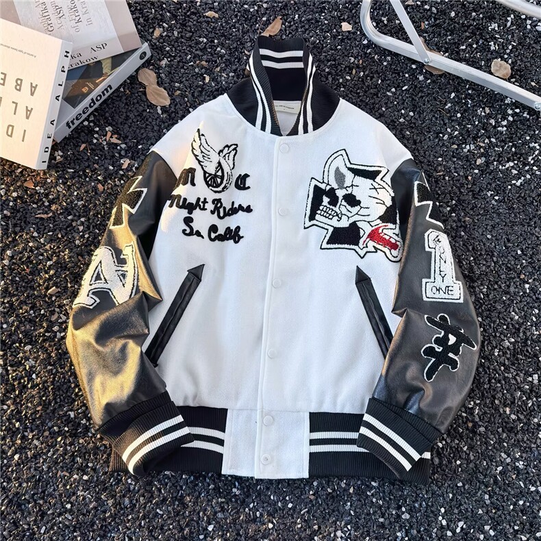 秋季新款潮牌重工刺绣PU皮拼接棒球服男美式宽松潮流情侣夹克外套,男装夹克,星座1210-1