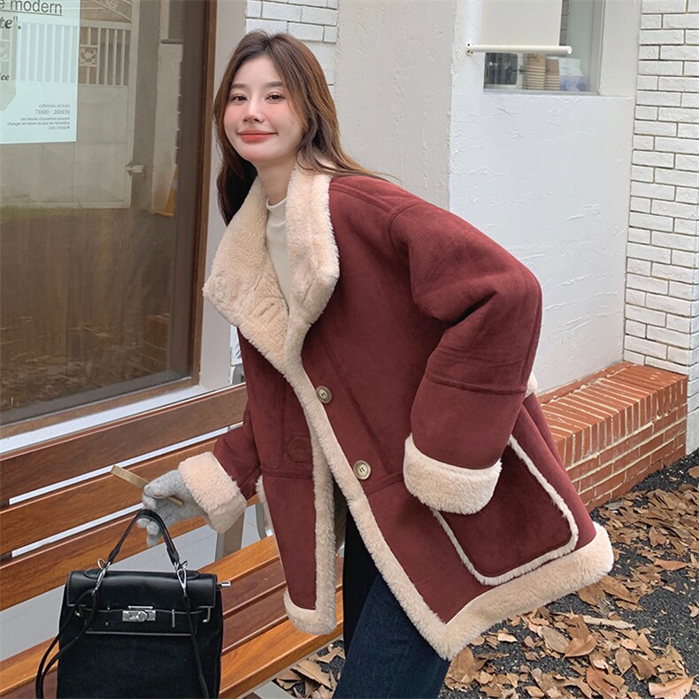 安可拉红麂皮绒外套女2025秋季新款韩版加厚小个子皮毛一体棉服，女装羊羔毛/颗粒绒，帛锦泉