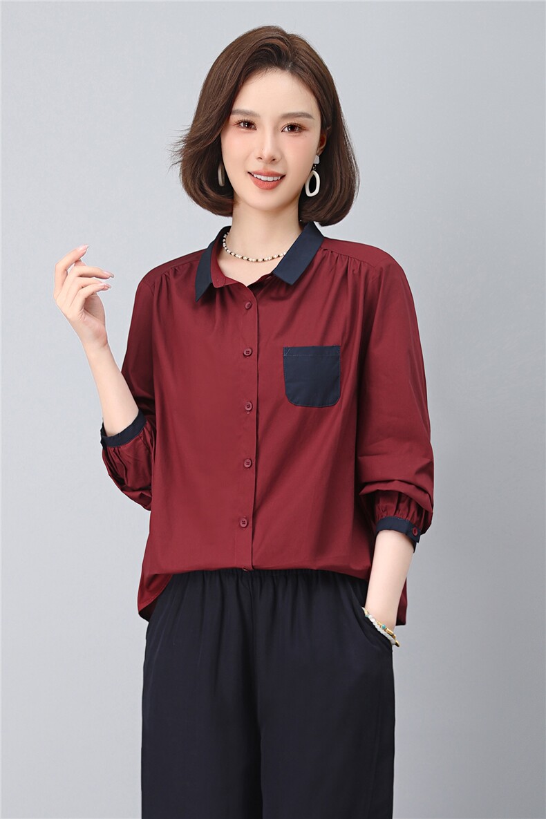2025年秋季时尚撞色翻领纯棉100%休闲文艺衬衣,女装衬衫,依恋蒂丝