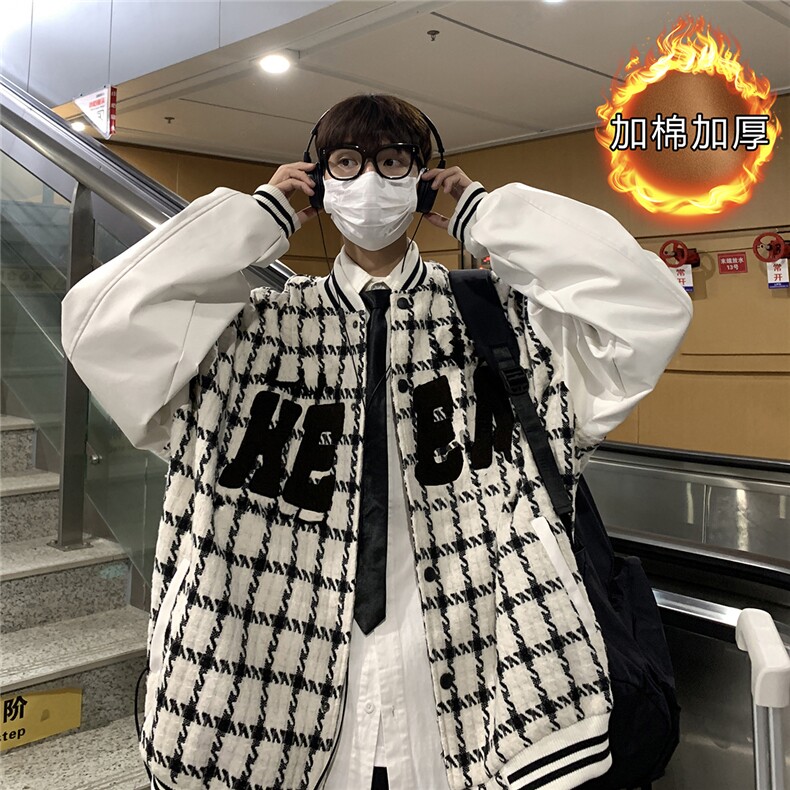 EQ85 加厚秋季新款港风男棒球服夹克毛巾绣格子呢料外套流行 P113图片