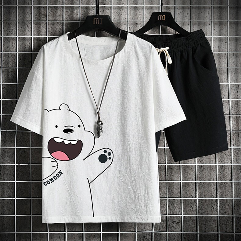 TY35131-P55透气亚麻t恤套装男大码棉麻短裤男装搭配一套网格挂拍，男装休闲套装，电商A040A