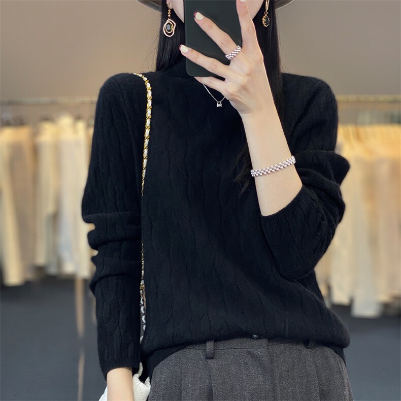 秋冬新款全身提花半高领扭花羊毛套衫,女装羊毛衫,科源羊绒