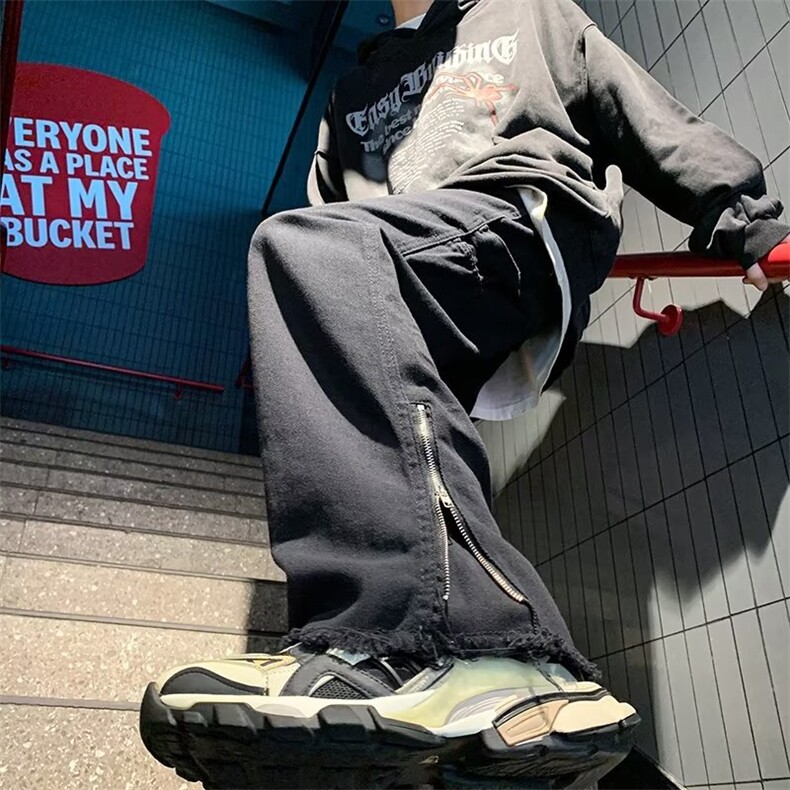 牛仔裤男微喇美式潮牌高街设计感拉链宽松直筒潮 WH59 P52图片