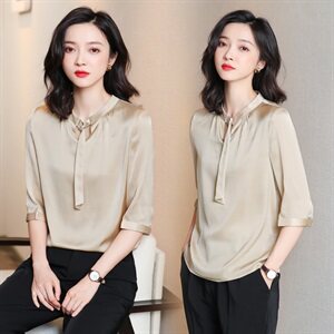 老敏哥【优雅从容】100重磅百搭飘带立领桑蚕丝双绉真丝上衣女,女装衬衫,阿舍尔精品