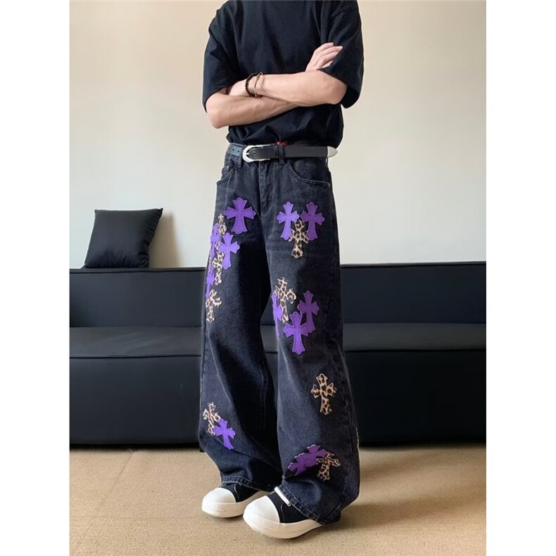 十字架撞色拼皮牛仔裤男女显瘦美式高级感直筒休闲裤AMM7021P66,男装皮裤,星座1013-5