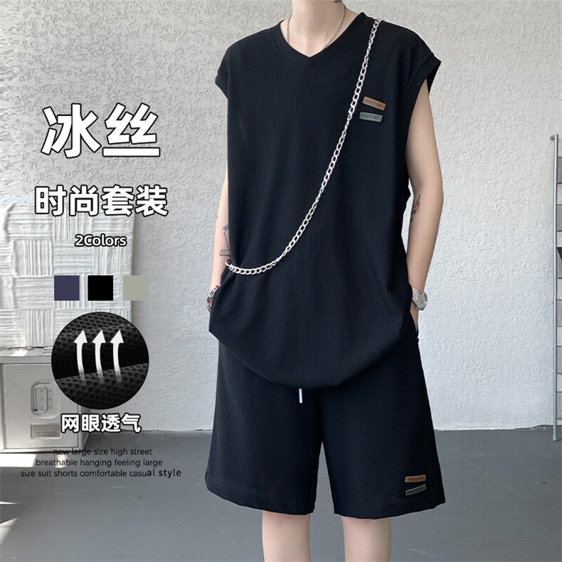 特批P60无差价夏季网眼透气薄款冰丝皮标男大码背心两件套TZ5588图片