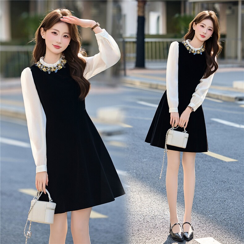 2026春装新款时尚气质圆领长袖丝绒连衣裙，女装连衣裙，天丝秀