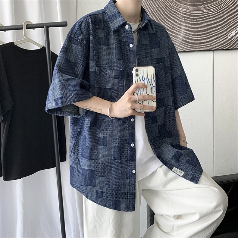 夏季日系复古工装短袖衬衫男女生休闲宽松牛仔衬衣外套C1118-P50,男装T恤,星座1008-1